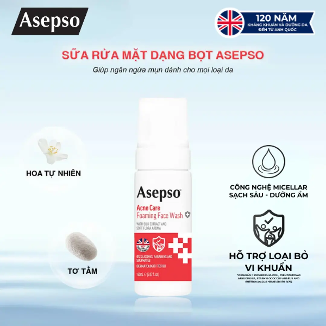 Sữa rửa mặt dạng bọt ASEPSO dành cho da mụn chiết xuất tơ tằm và hương hoa tự nhiên