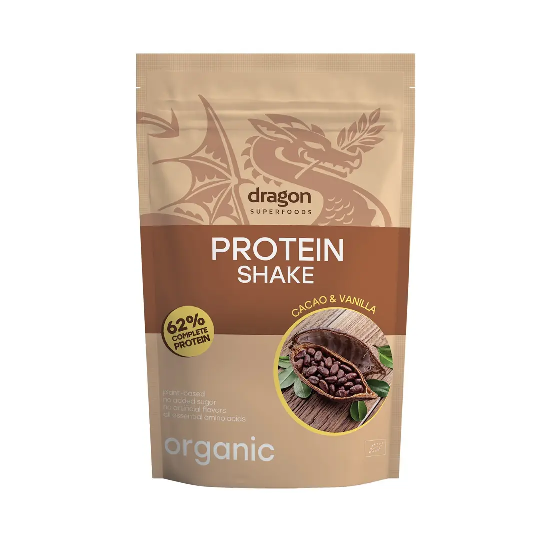 Bột protein thực vật lắc cacao vanilla hữu cơ Dragon Superfoods 500g