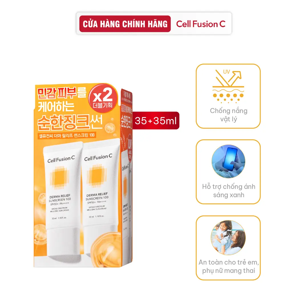 Kem chống nắng an toàn cho mọi loại da Cell Fusion C Derma Relief Sunscreen 100 SPF50+/PA++++ 35ml + 35ml