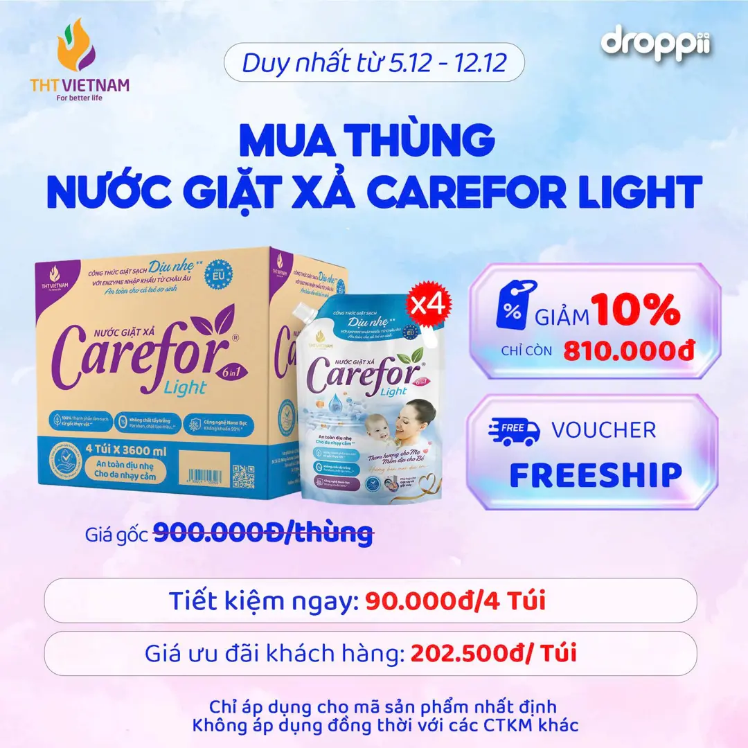 Thùng 4 túi Nước giặt xả dịu nhẹ Carefor Light 3600ml hương ban mai