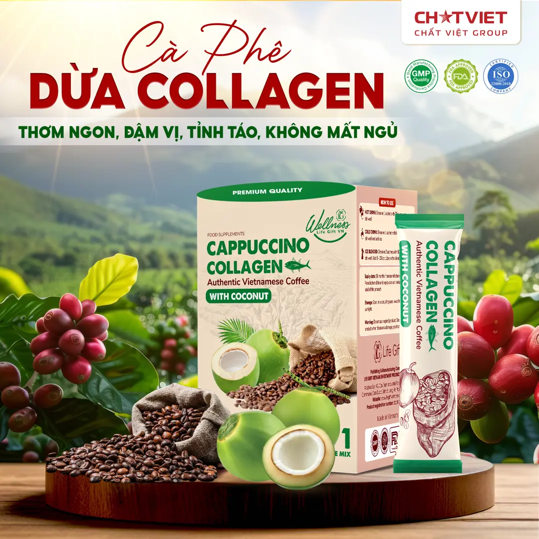 Cà phê dừa Cappuccino Collagen – Giúp tỉnh táo, đẹp da (20 gói x 18g)