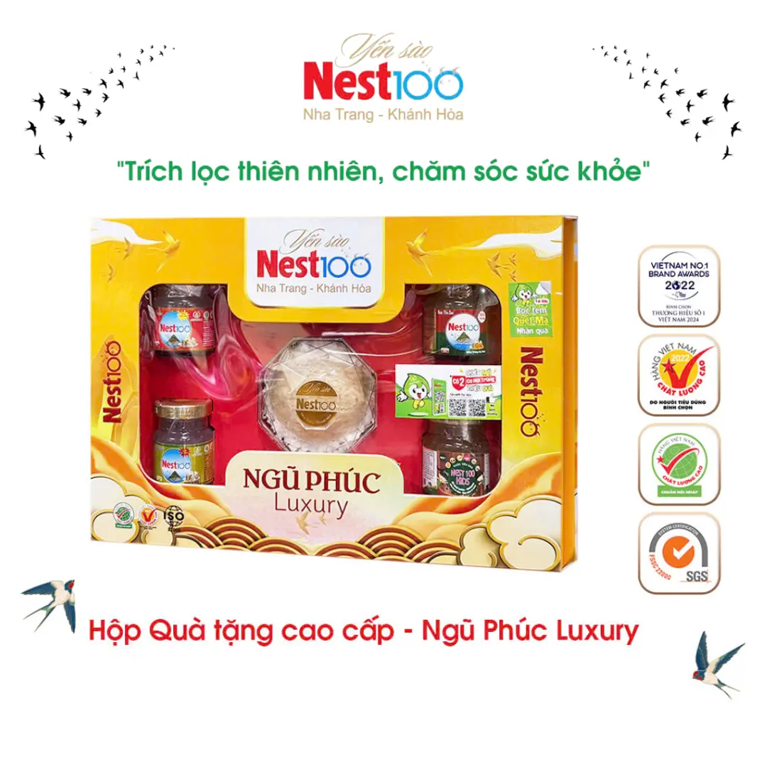 Hộp quà tặng Cao cấp - Ngũ Phúc Luxury tổ yến tinh chế và yến chưng Nest100 cao cấp (kèm túi)