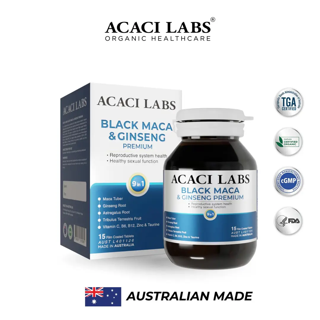 Viên uống bổ thận tăng cường sinh lý Acaci Labs Black Maca & Ginseng Premium Australia 15v
