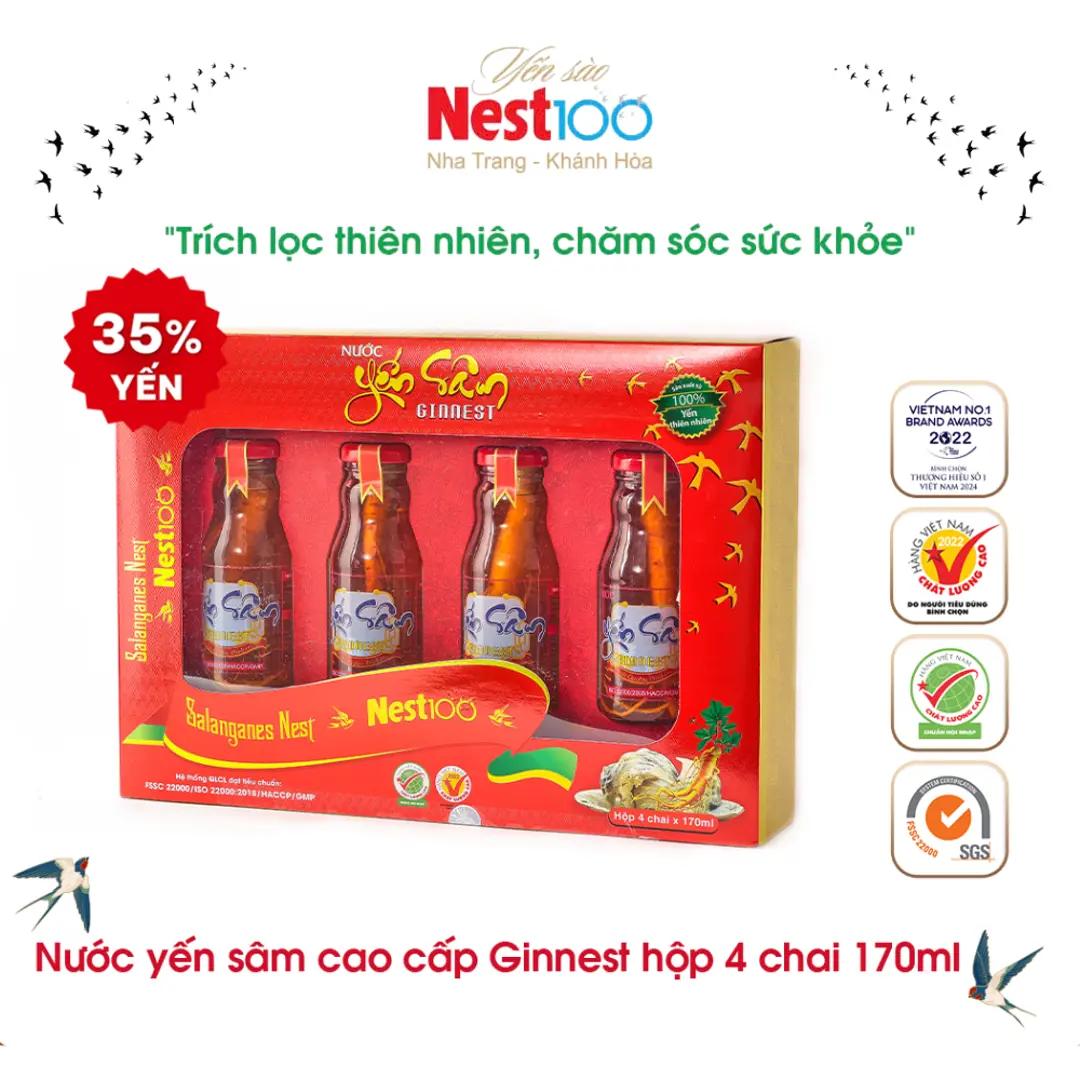 Nước Yến Sâm cao cấp Ginnest Nest100 (4 chai 170ml + túi)