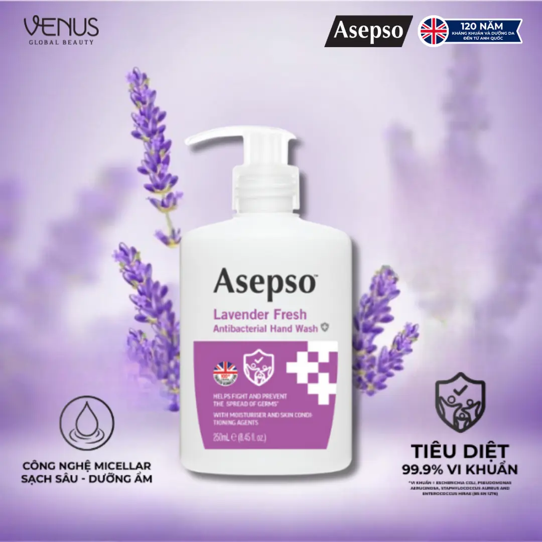 Nước rửa tay kháng khuẩn ASEPSO dịu nhẹ không khô da Hương Lavender 250 ml
