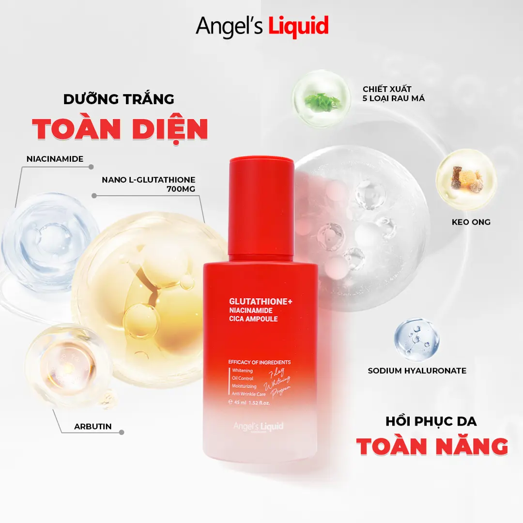 Serum ANGEL'S LIQUID GLUTATHIONE PLUS NIACINAMIDE CICA AMPOULE hỗ trợ làm trắng, kiểm soát dầu & thu nhỏ lỗ chân lông (chai 45ml)