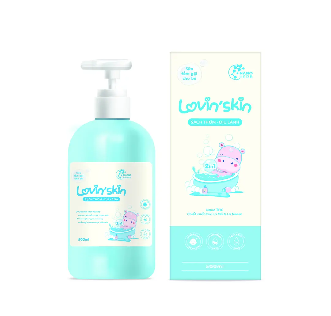 Sữa tắm gội dịu nhẹ cho bé Lovin'Skin 500ml - Làm sạch, giảm và ngăn ngừa rôm sảy, mẩn ngứa