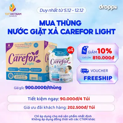 Thùng 4 túi Nước giặt xả dịu nhẹ Carefor Light 3600ml hương ban mai