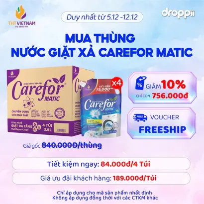 Thùng 4 túi Nước giặt xả đậm đặc Carefor Matic 3600ml hương nắng mai