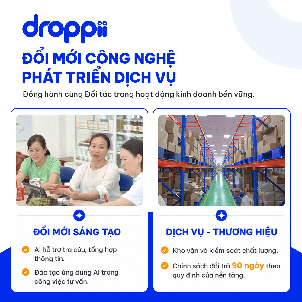 Hình minh họa hoạt động kho vận, xử lý đơn hàng và AI hỗ trợ tra cứu thông tin của Droppii