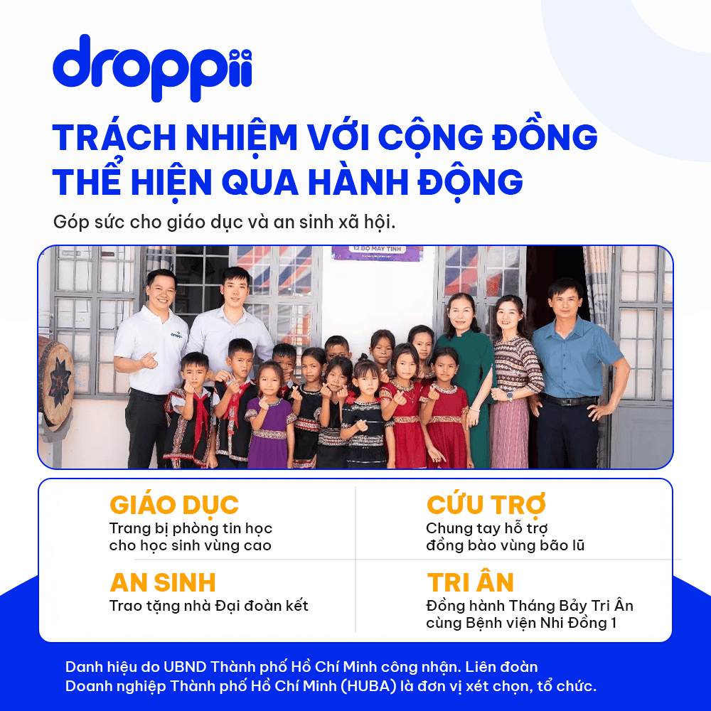 Hình minh họa hoạt động cộng đồng của Droppii như trao nhà Đại đoàn kết và hỗ trợ học sinh vùng cao