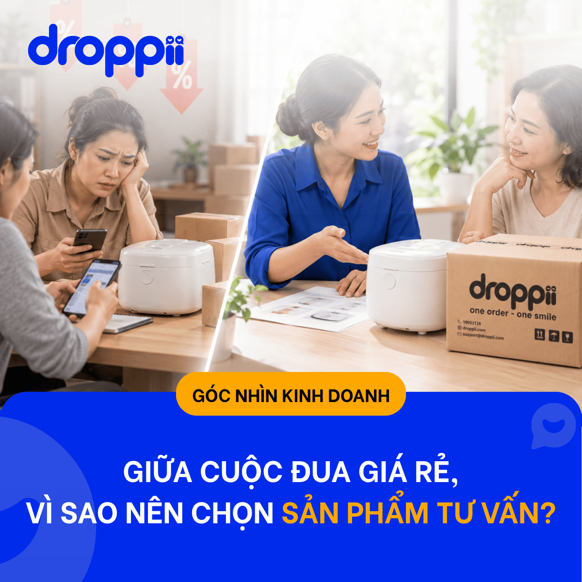 Hai nhóm người bán hàng ngồi bàn gỗ với nồi cơm điện và thùng carton Droppii, một bên lo lắng một bên trò chuyện
