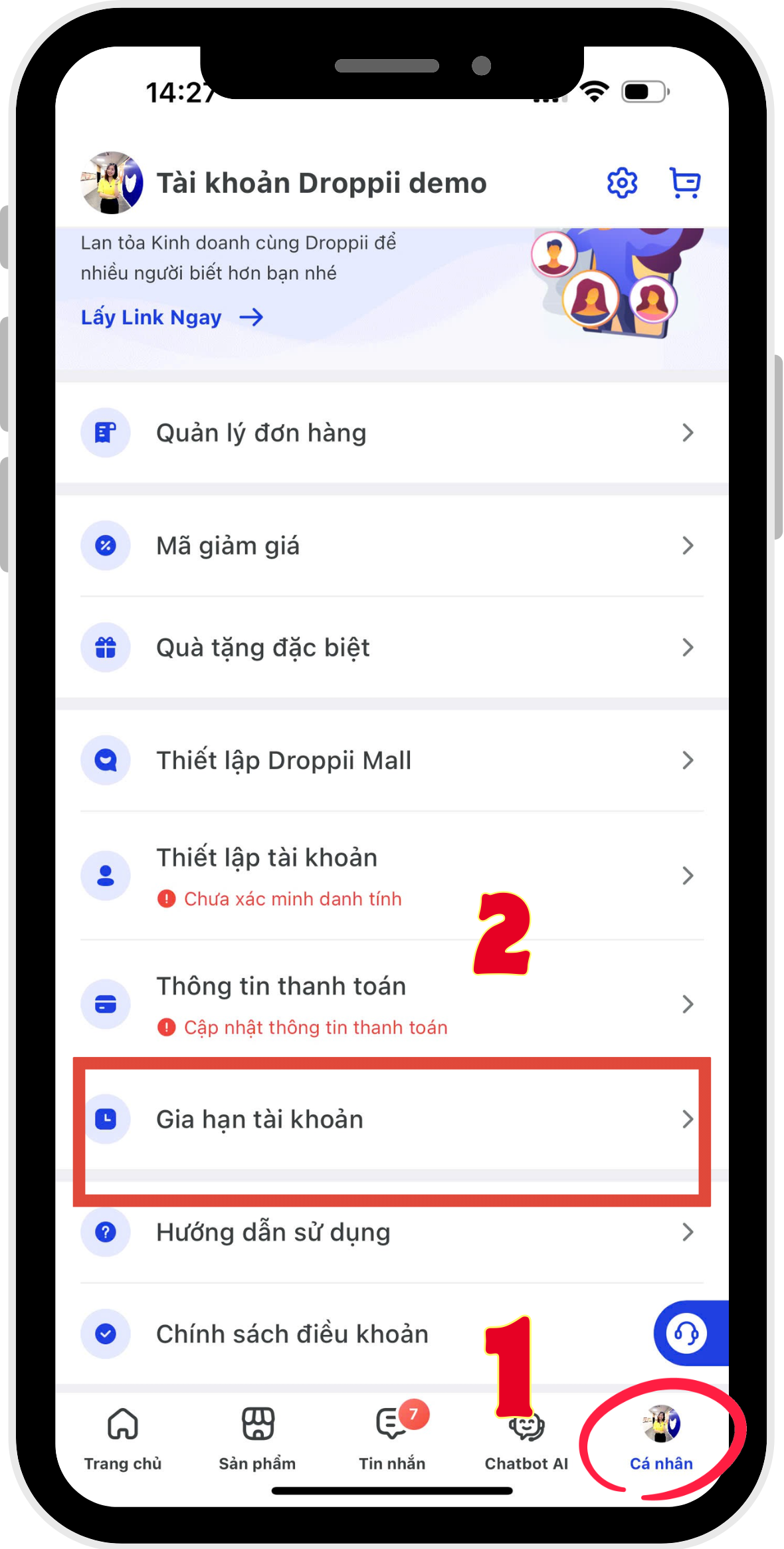 Hướng dẫn kích hoạt gia hạn tự động App Droppii Biz