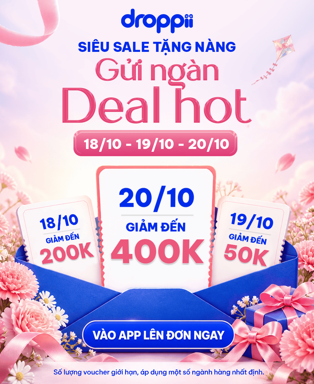 Banner Droppii Sieu sale tang nang voi lich giam gia 18/10 200K, 20/10 400K, 19/10 50K, nen hoa hong va no xanh