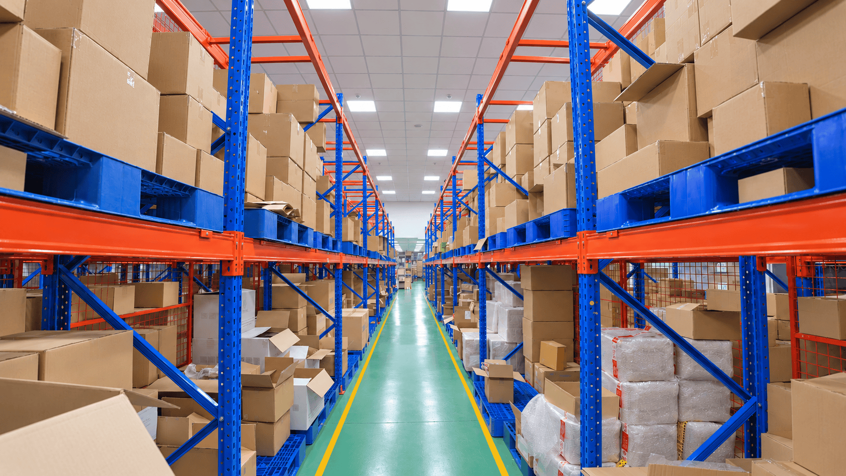 Khu vực xử lý đơn hàng với các dãy kệ hàng được sắp xếp gọn gàng tại trung tâm