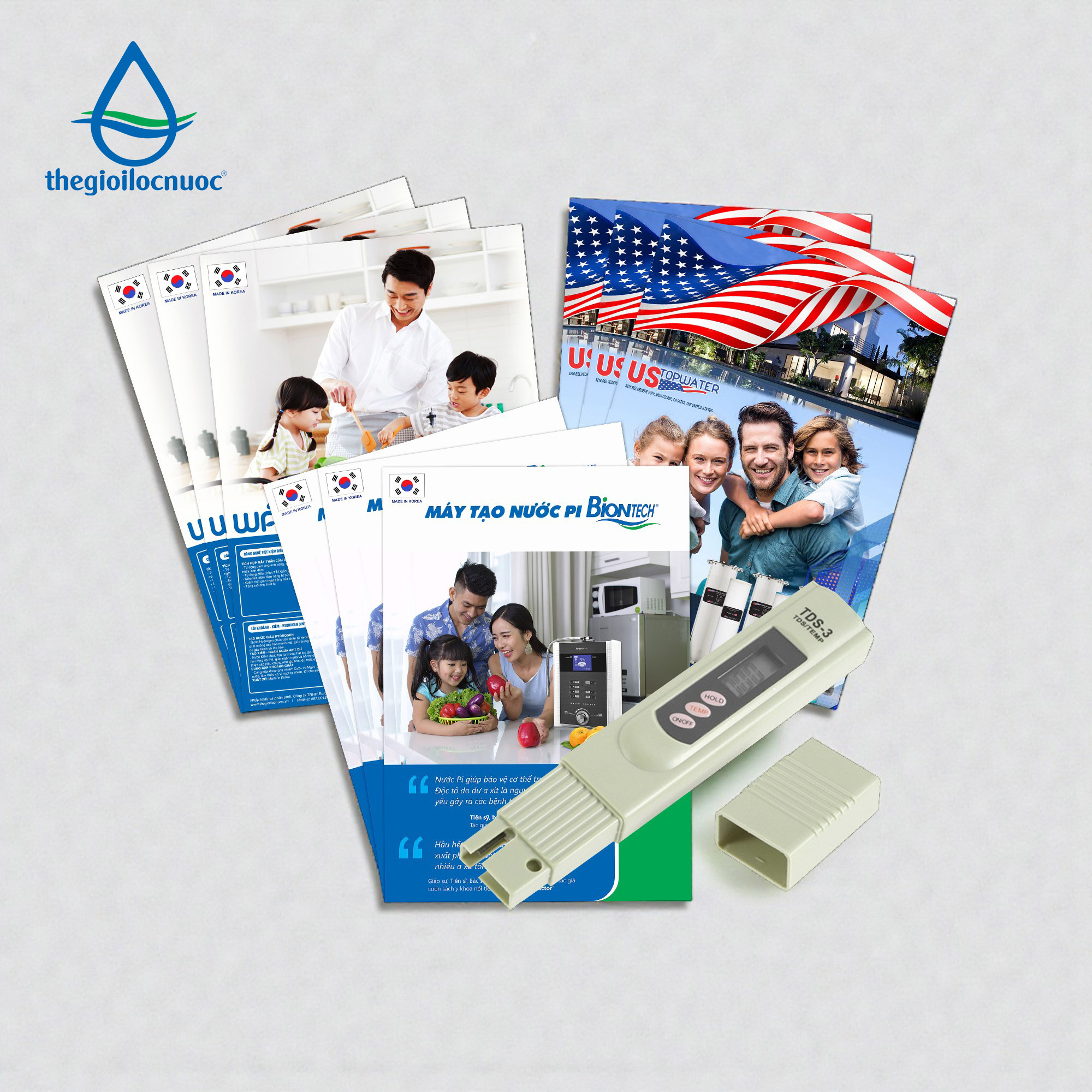 Bộ combo Công cụ Tư Vấn Lọc Nước (3 bộ Catalogue Thế Giới Lọc Nước 3 quyển: Biontech, Watek, USTopwater +1 Bút đo TDS)