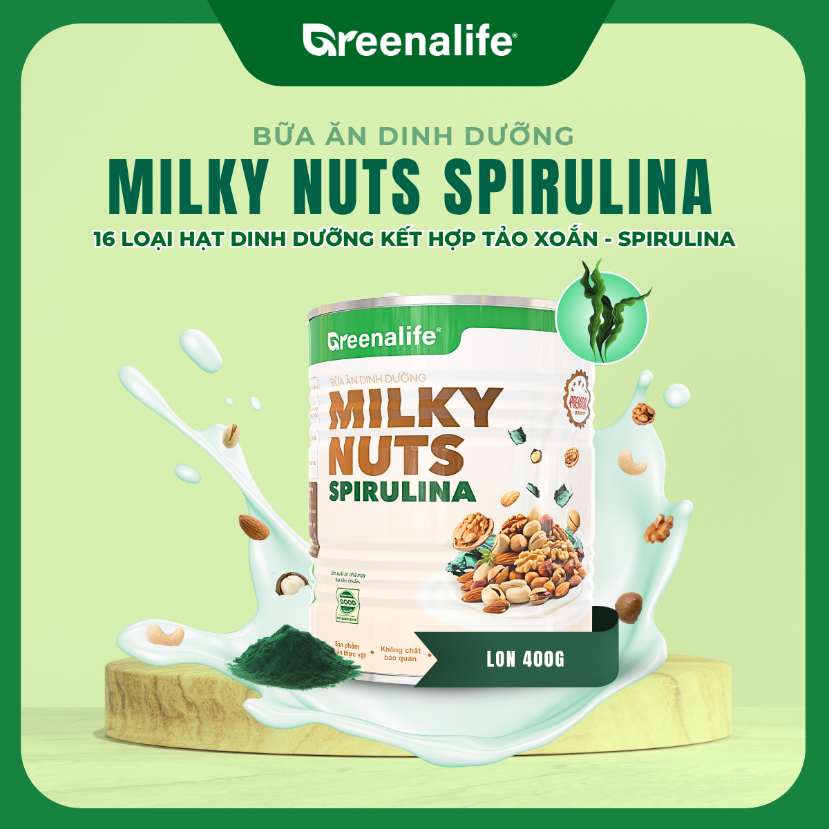 Sữa hạt dinh dưỡng Tảo xoắn - GREENALIFE Milky Nuts - Spirulina (Lon 400g) - Phân phối chính hãng