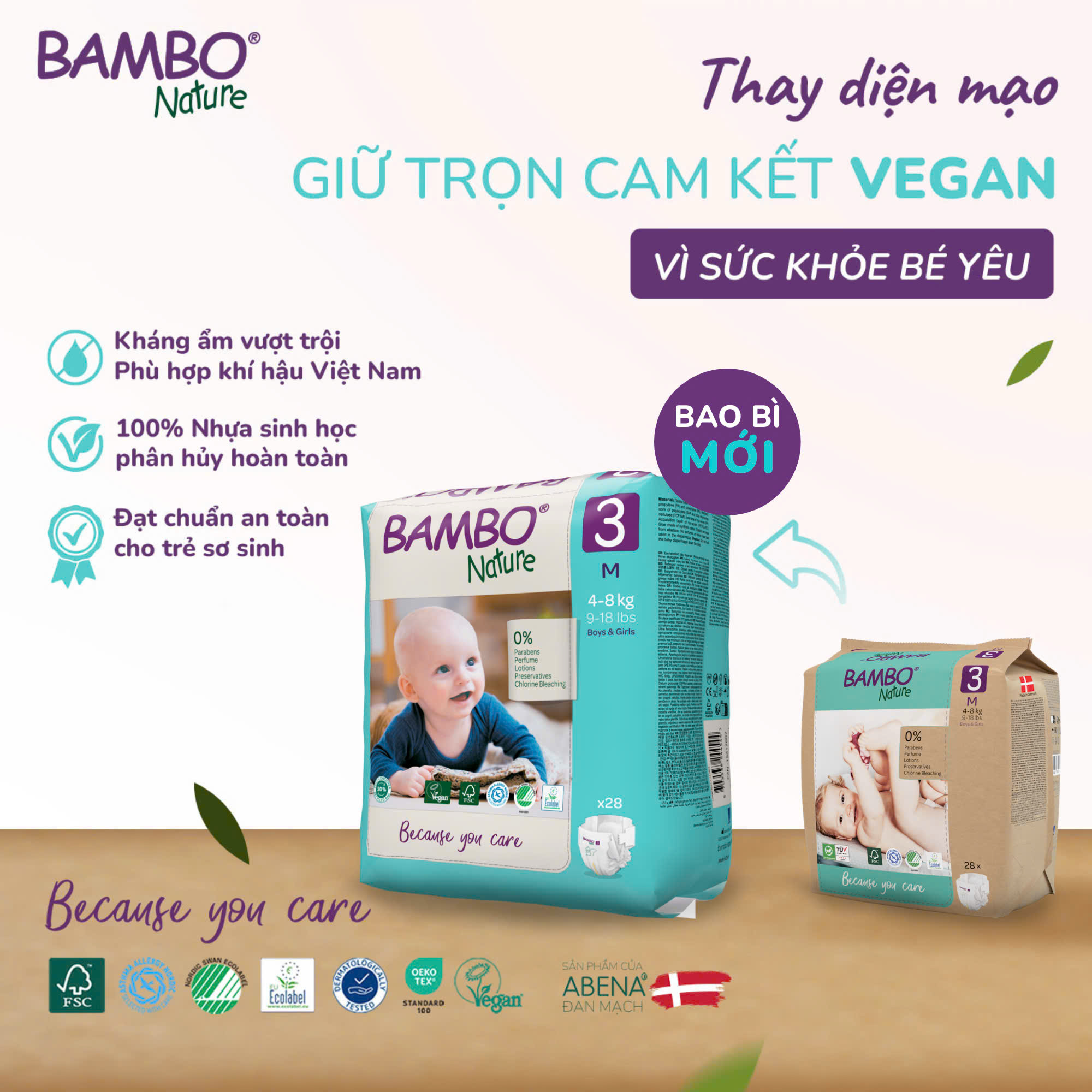 Tã dán trẻ em số 3 - Bambo Nature size 3-M, từ 4 - 8kg, 28 miếng/gói, bao bì màu xanh