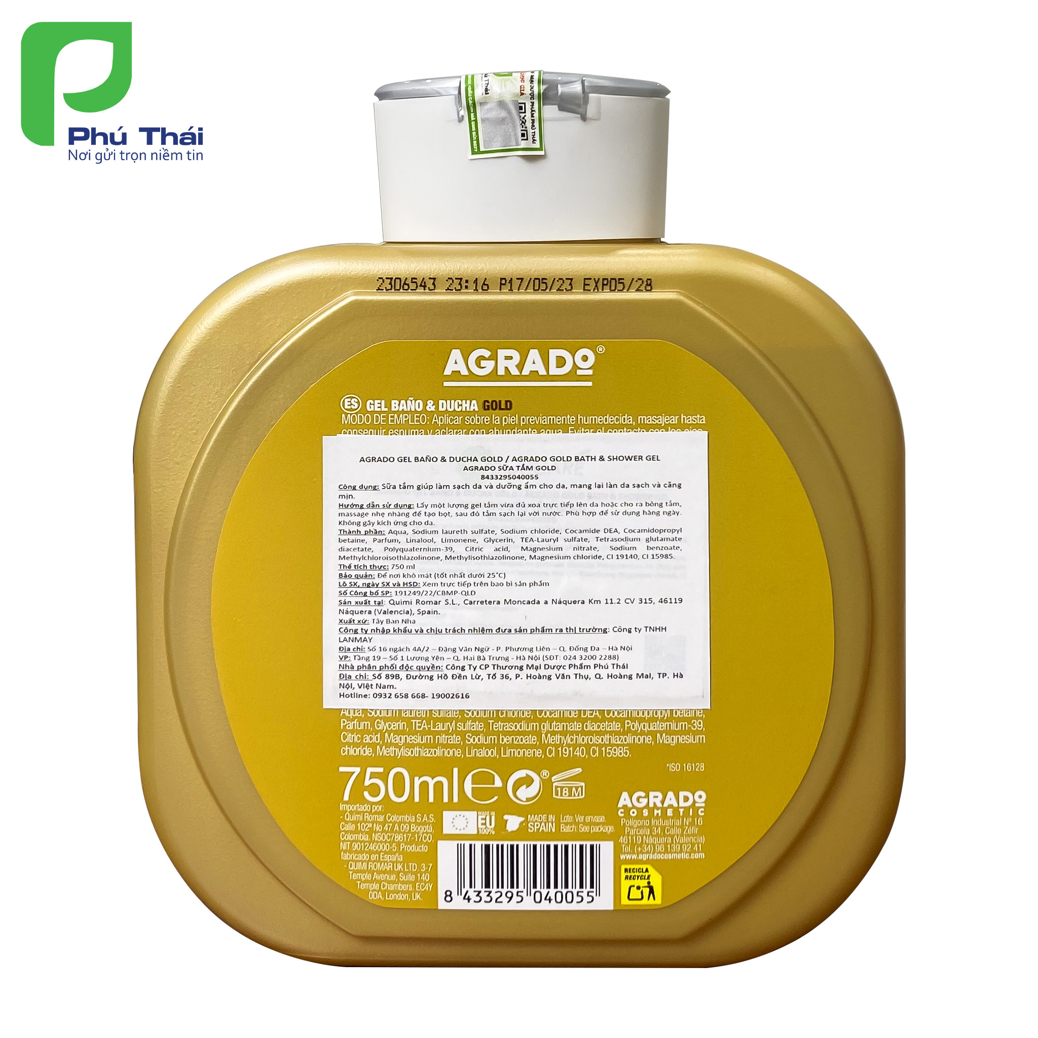 Sữa tắm Agrado Gold (Chai 750ml) - hương thơm nước hoa nồng nàn & tinh tế