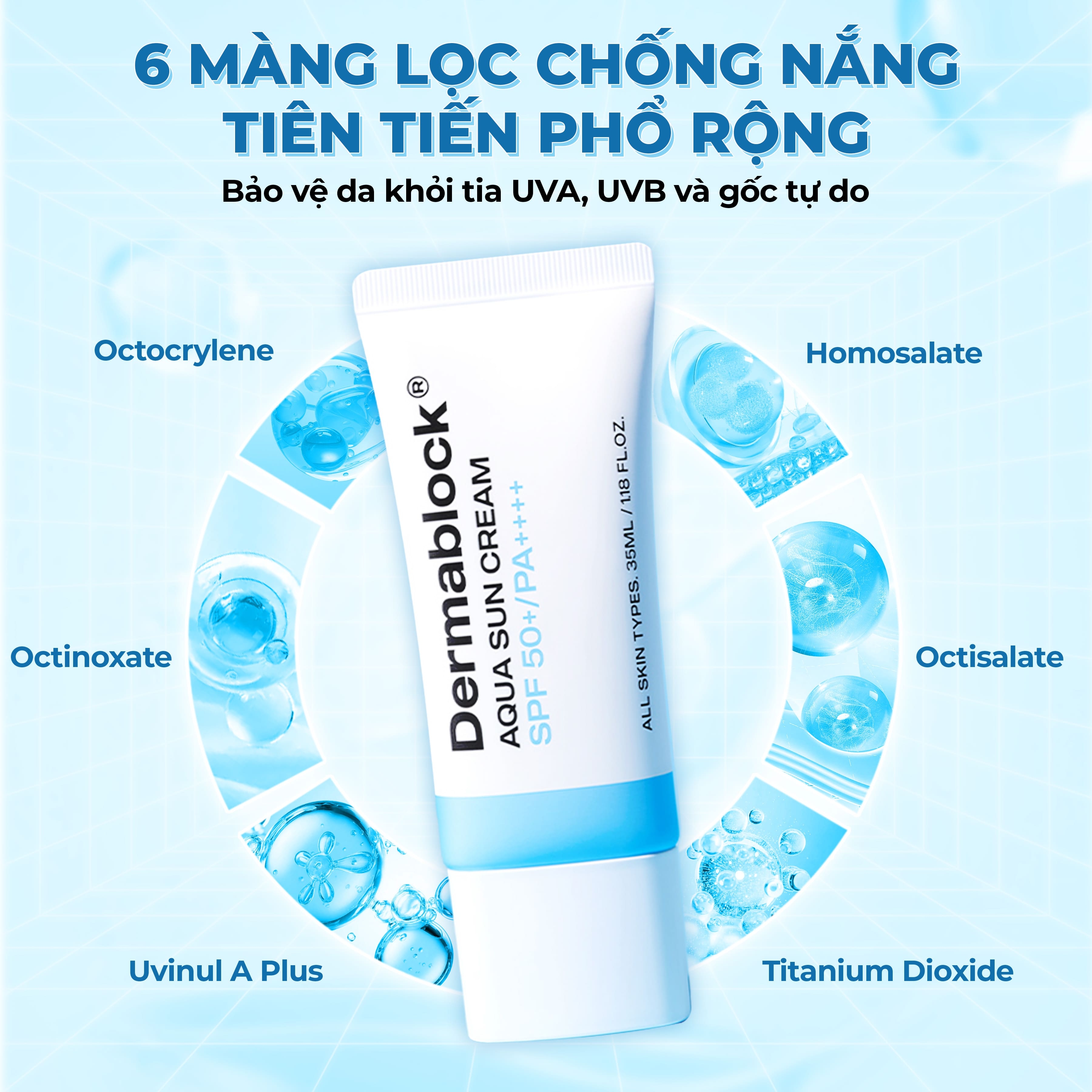 Kem chống nắng cấp ẩm và làm dịu cho da xâm lấn, treatment Dermablock Aqua Sun Cream SPF50+ PA++++ 35ml
