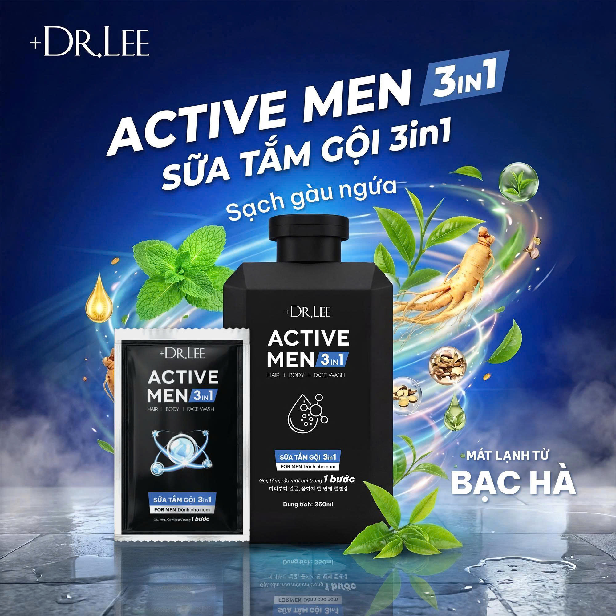 Dây 12 Gói 3in1 +Dr.Lee Active Men (7ml/gói) – Sữa Tắm Gội Rửa Mặt Nam, Sạch Gàu, Mát Lạnh, Giảm Mụn Lưng