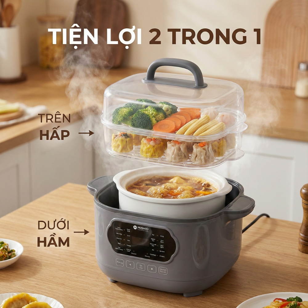 Nồi nấu chậm lòng sứ 3L Mishio MK397 kèm xửng hấp và 4 thố sứ tiện lợi không lo cháy khét hay bong tróc chống dính - 7