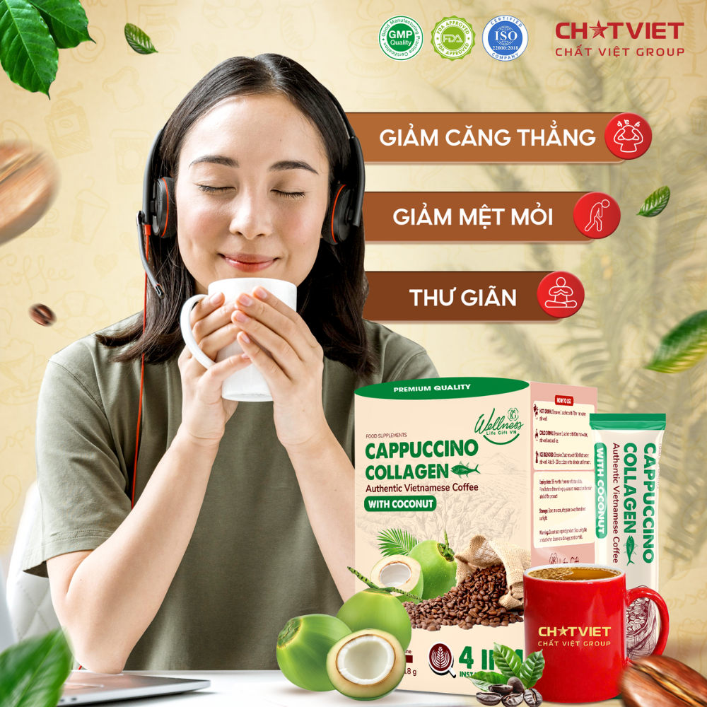 Cà phê dừa Cappuccino Collagen – Giúp tỉnh táo, đẹp da (20 gói x 18g) - 4