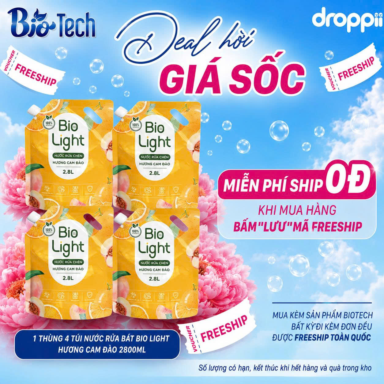 Thùng 4 túi Nước Rửa Chén BioLight hương cam đào 2,8 lít - Phân phối chính hãng