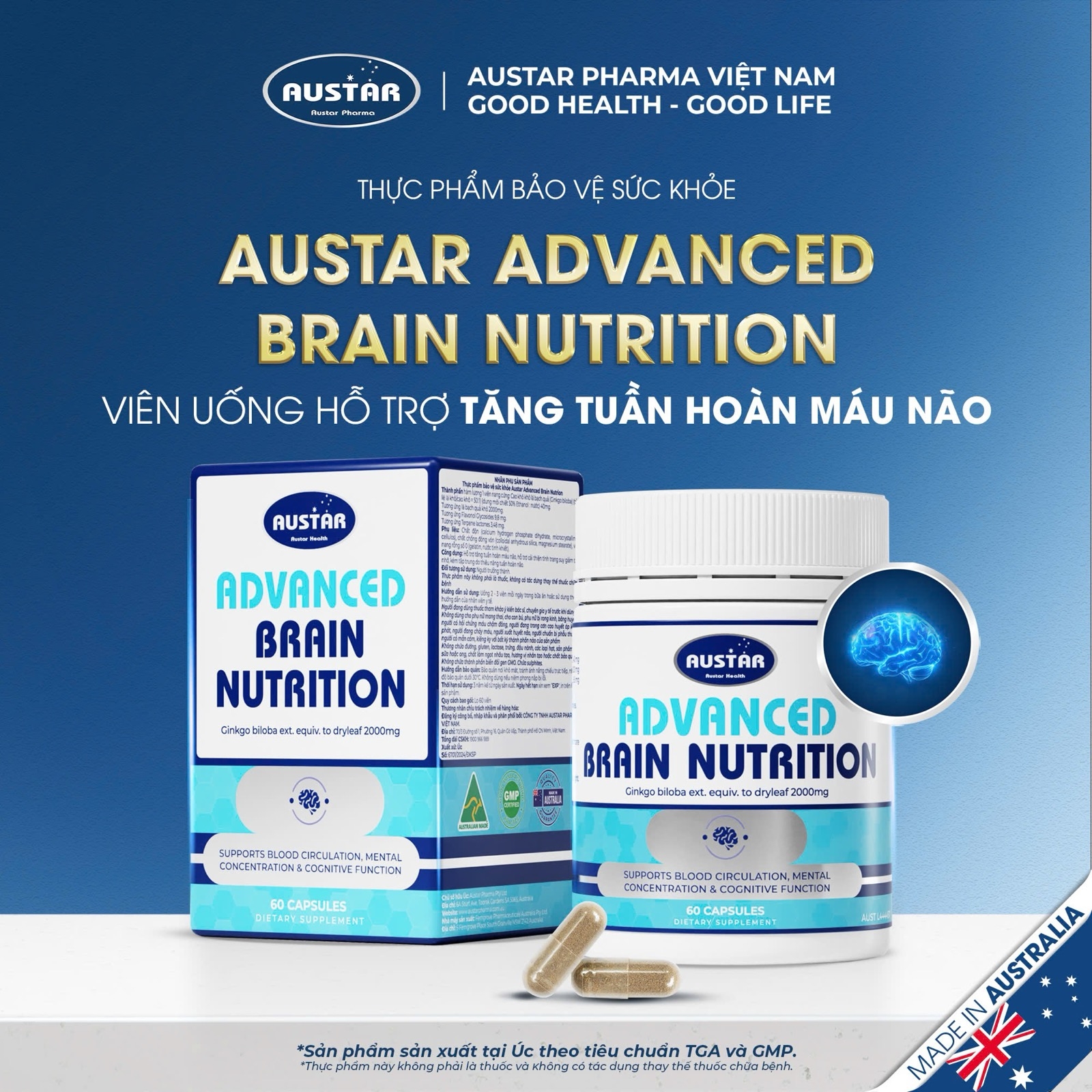 Viên uống Austar Advanced Brain Nutrition - Bổ Não (Hộp 60 viên) - Phân phối chính hãng