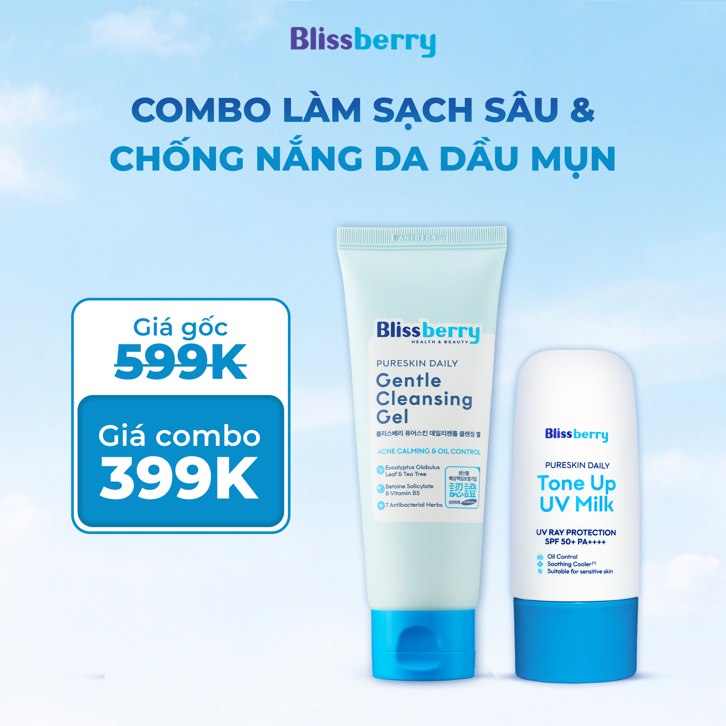 Combo Sữa Rửa Mặt và Kem Chống Nắng Nâng Tone cho da dầu mụn - Phân phối chính hãng