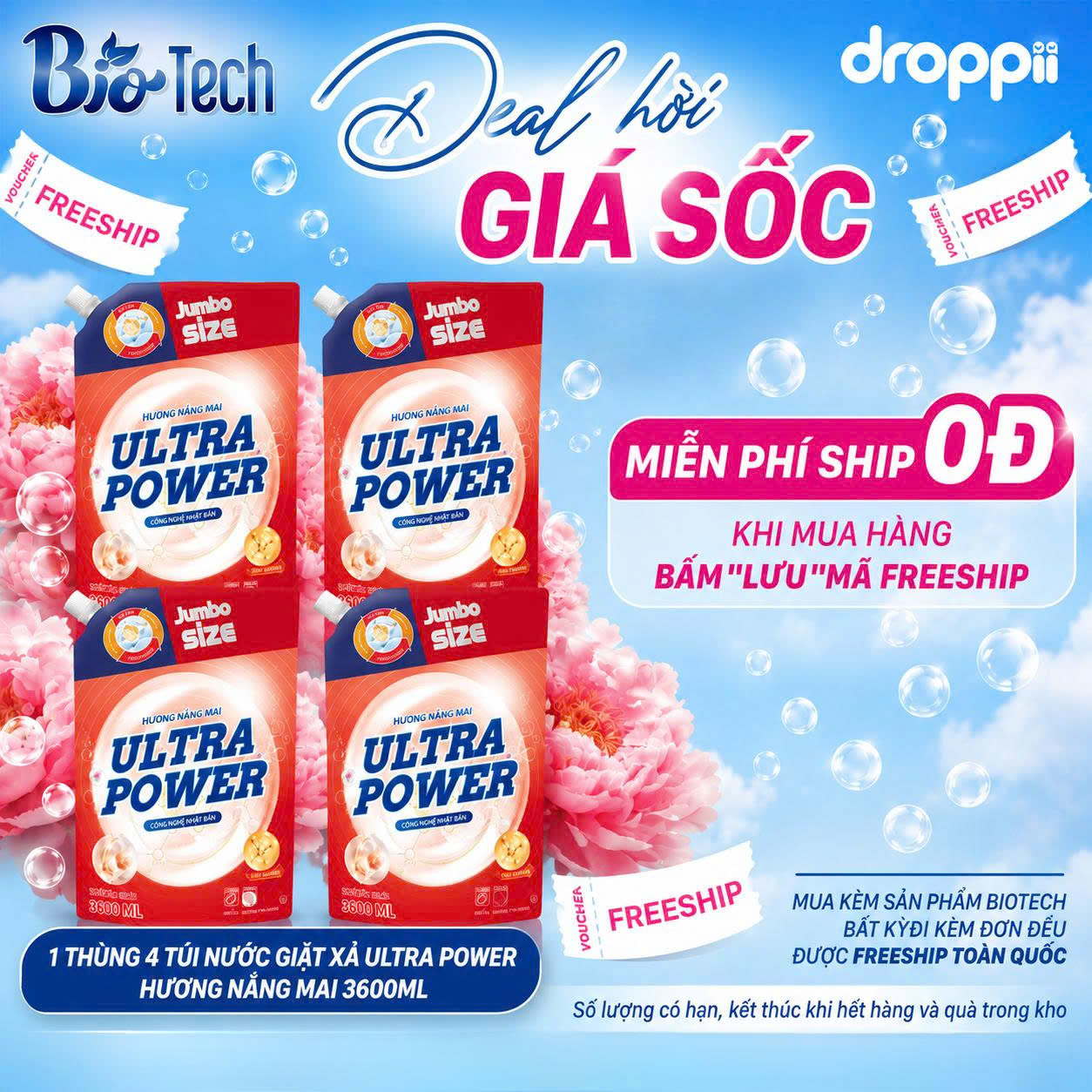 Thùng 4 túi Nước giặt xả Ultra Power hương Nắng Mai 3600ml - Phân phối chính hãng