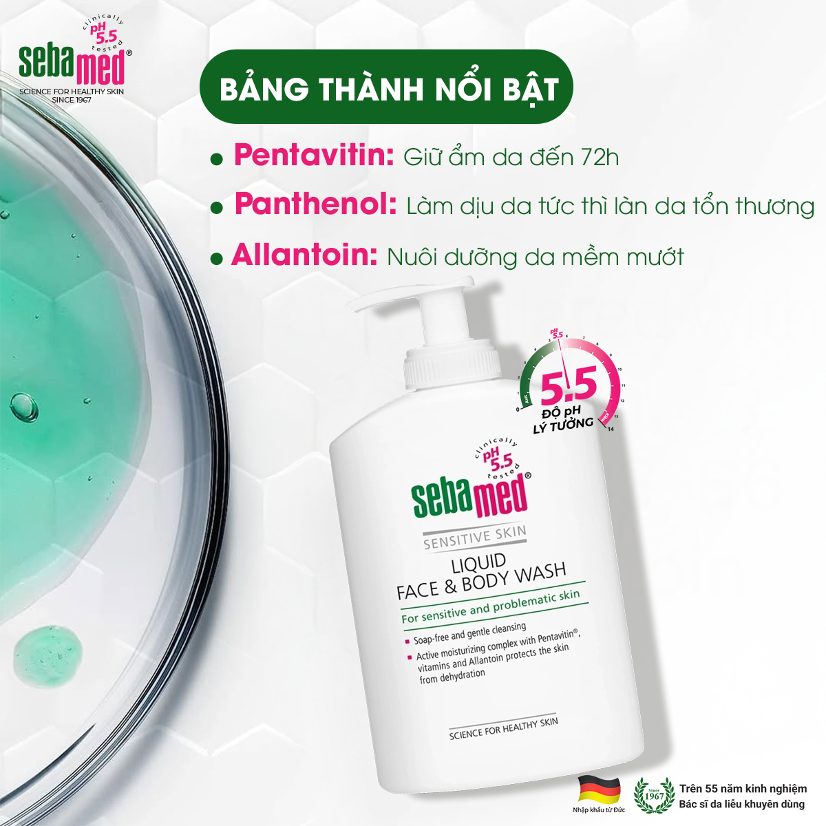 Sữa rửa mặt & tắm toàn thân cho da nhạy cảm Sebamed pH5.5 (200ml) - Phân phối chính hãng