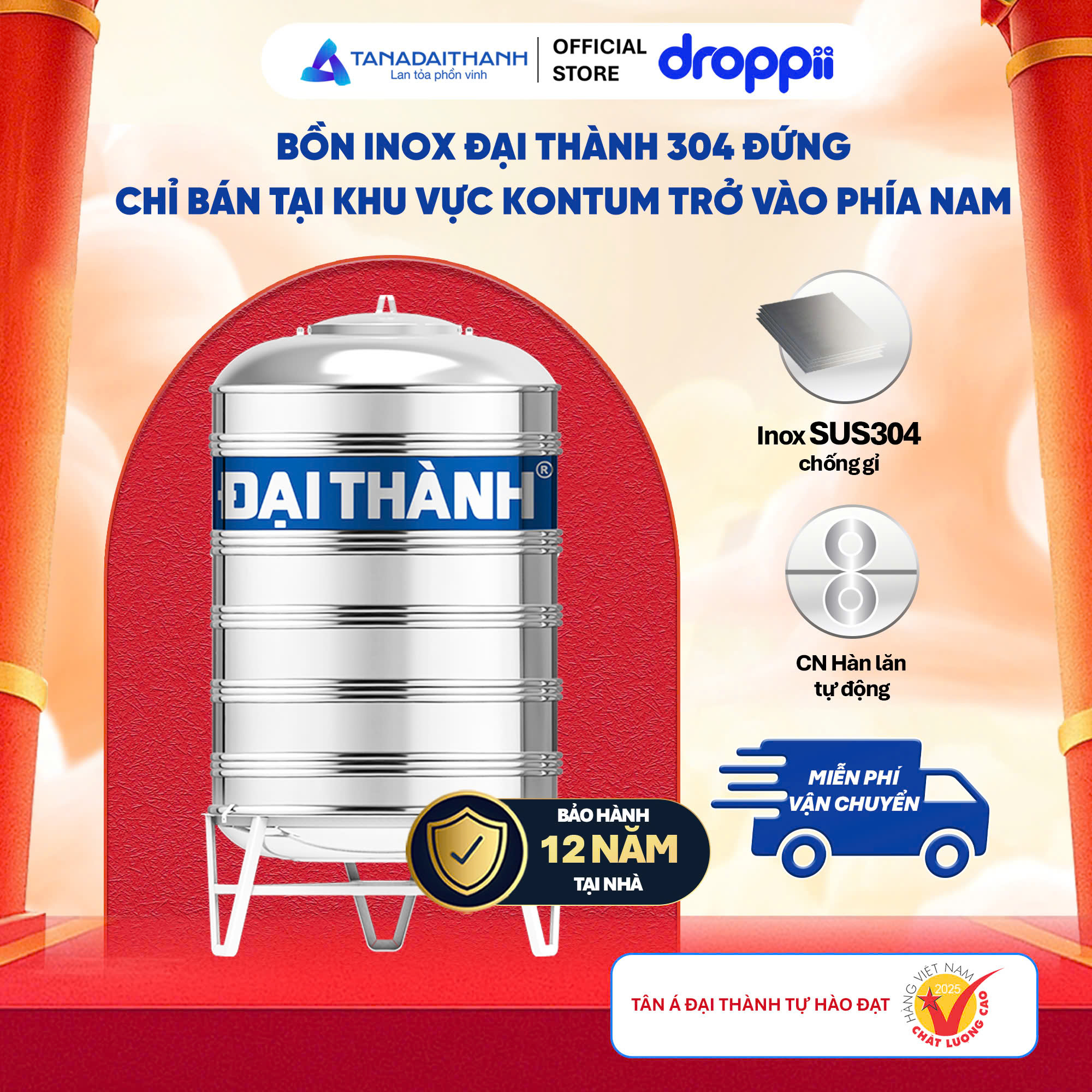 Bồn Inox 304 Đại Thành 1500L - bồn đứng ĐK1170 (Phân phối từ Kon Tum trở vào khu vực phía Nam)