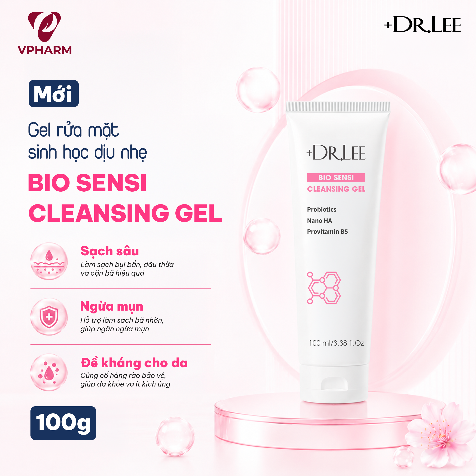 Gel rửa mặt sinh học +Dr.Lee giúp làm sạch dịu nhẹ, ngừa mụn và phục hồi 100g - Phân phối chính hãng