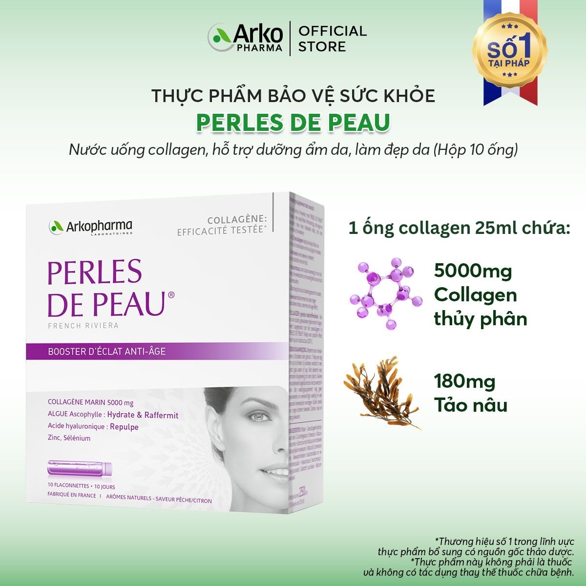 Nước uống collagen ARKOPHARMA PERLES DE PEAU hỗ trợ dưỡng ẩm da, làm đẹp da (Hộp 10 ống)