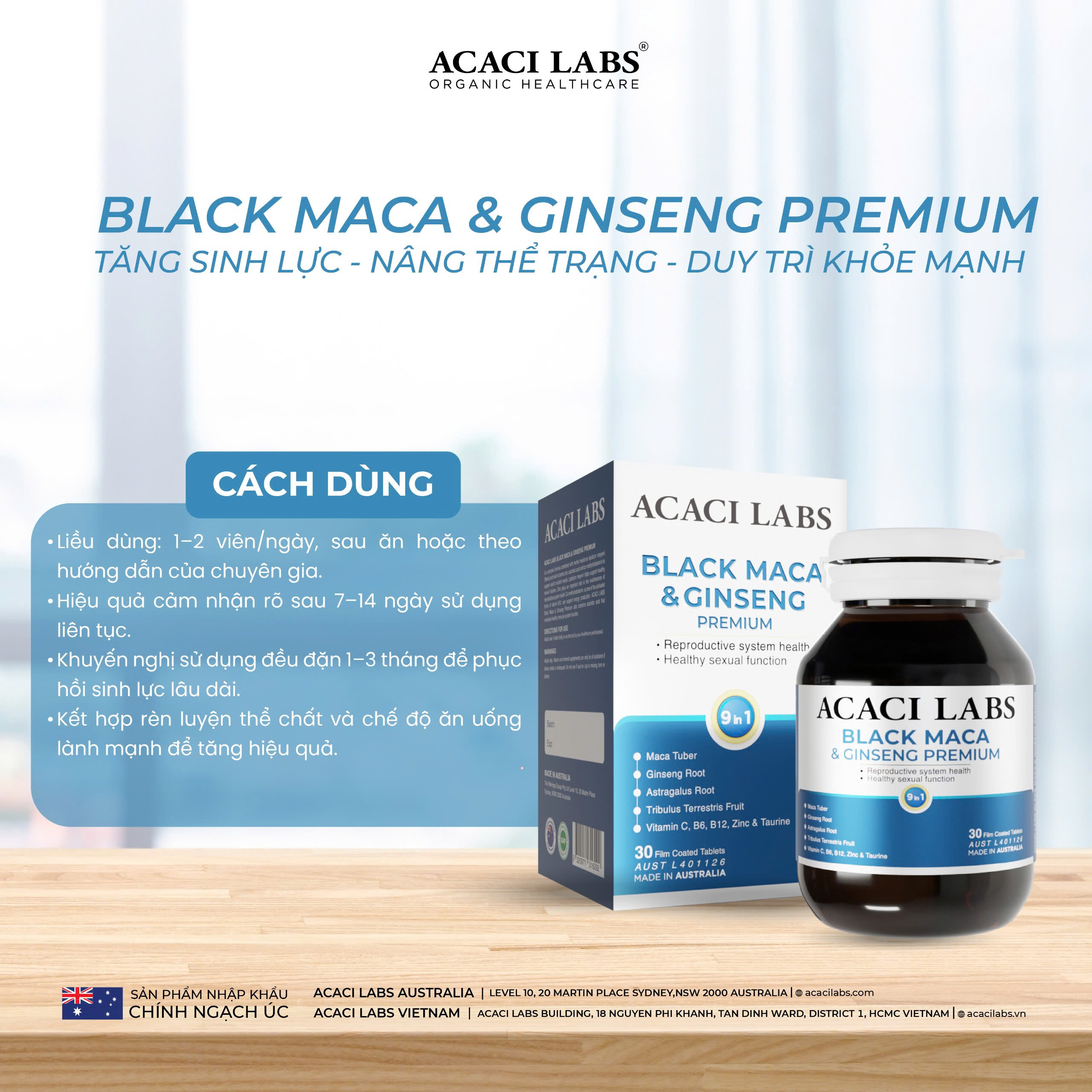 Viên uống bổ thận tăng cường sinh lý Acaci Labs Black Maca & Ginseng Premium Australia 15v