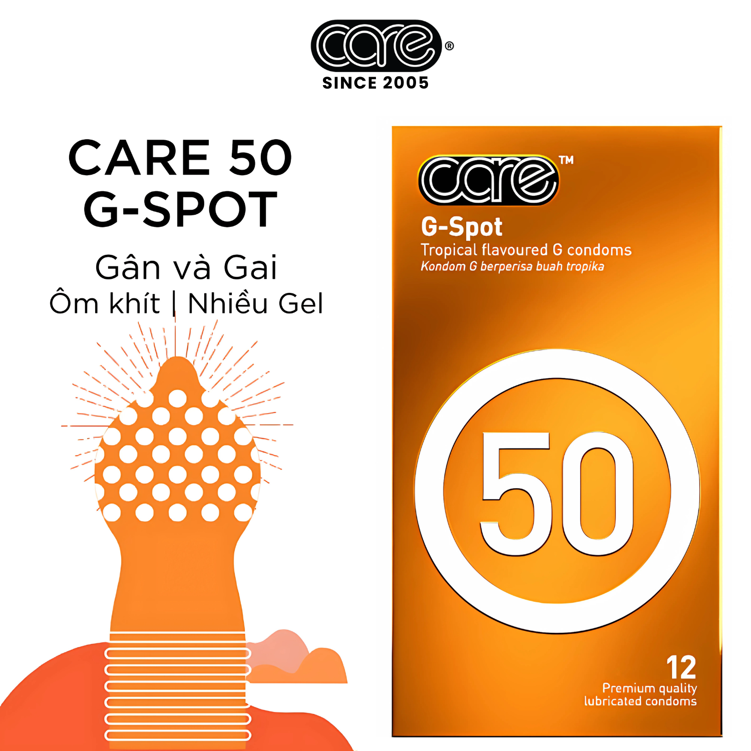 Bao cao su CARE 50 gân gai hương rừng nhiệt đới (hộp 12 bcs)