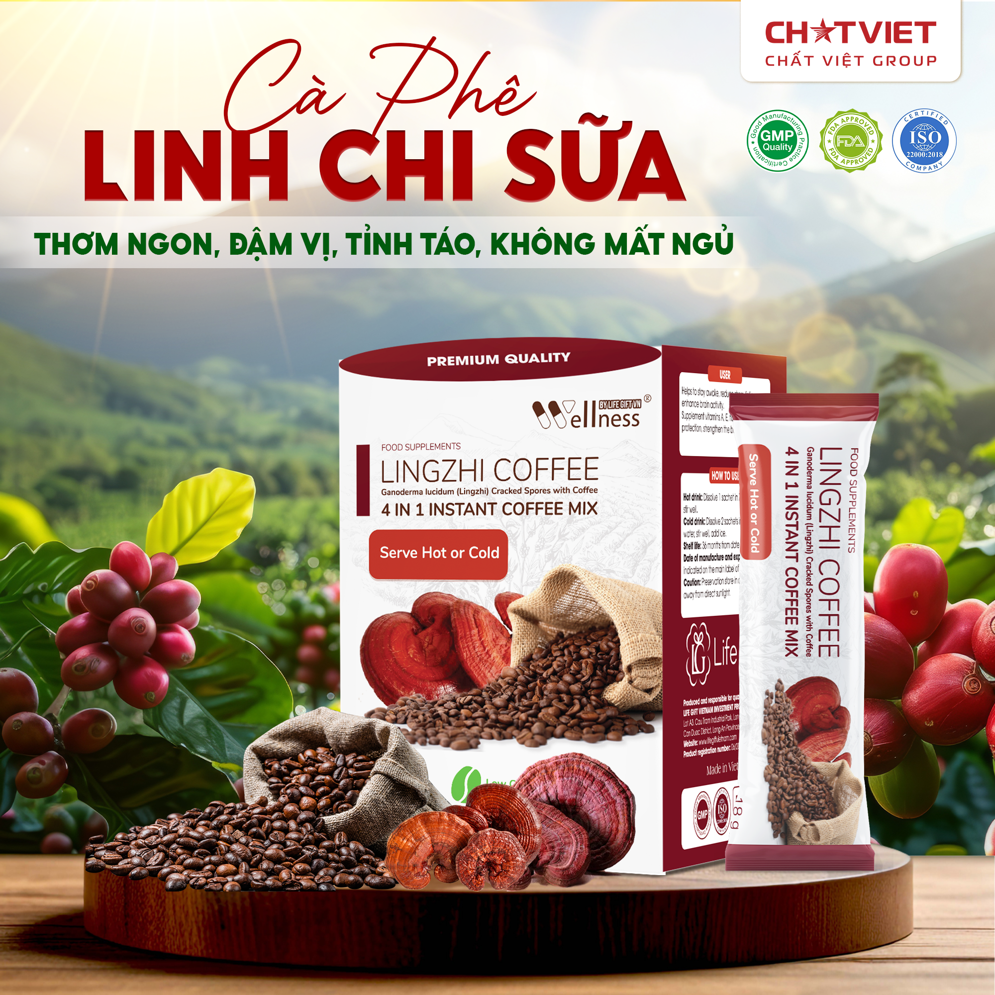 Cà phê bào tử Linh Chi phá vách – Giúp tỉnh táo, vị sữa (20 gói x 18g) - Phân phối chính hãng