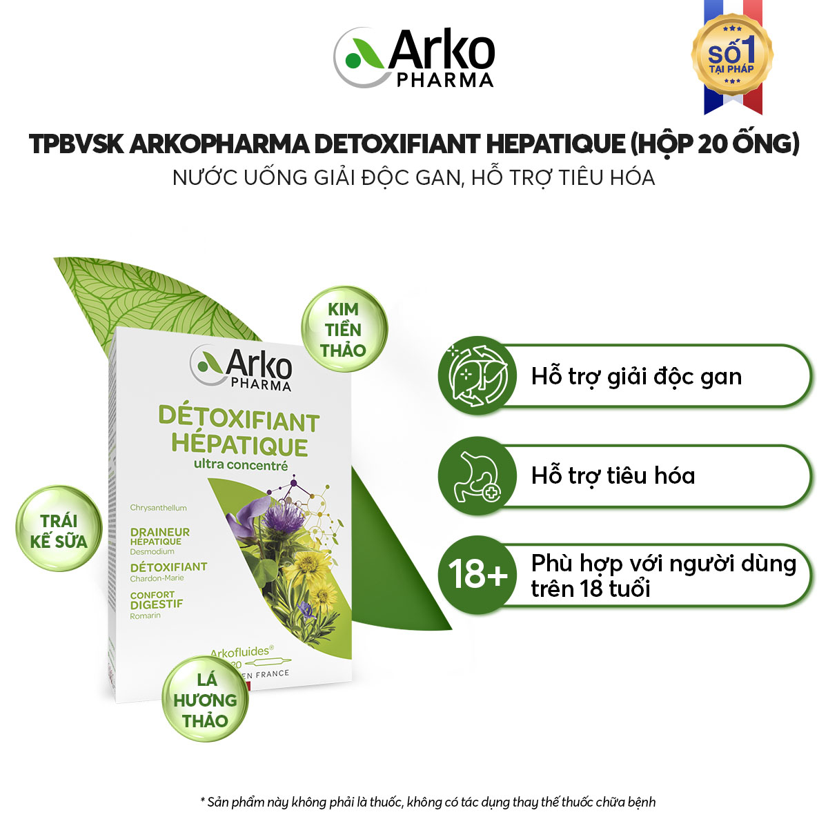 Nước uống ARKOPHARMA DETOXIFIANT HEPATIQUE  hỗ trợ giải độc gan, hỗ trợ tiêu hóa (Hộp 20 ống) - Phân phối chính hãng