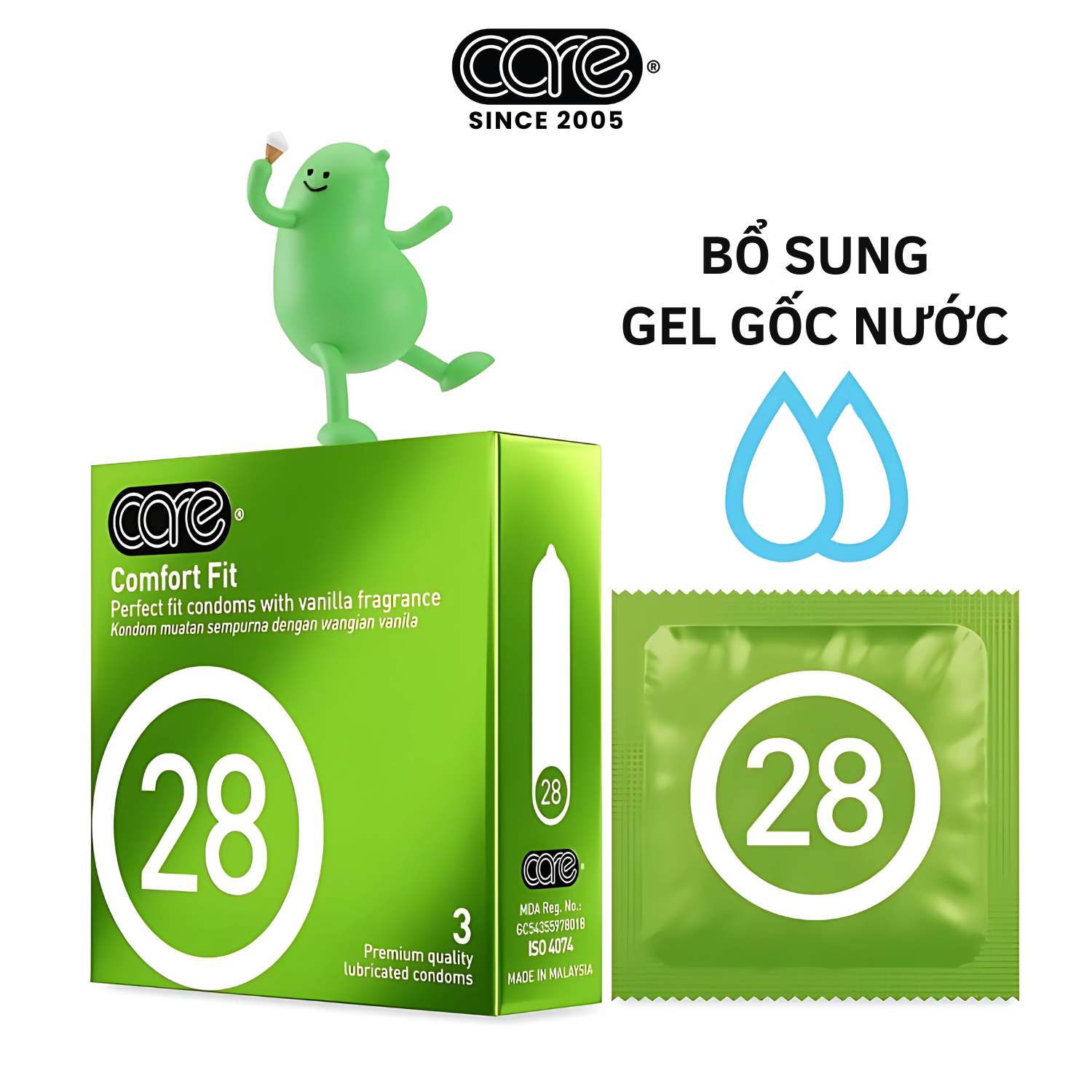 Bao cao su CARE 28 trơn mỏng truyền thống - hương vani (hộp 12 bcs)