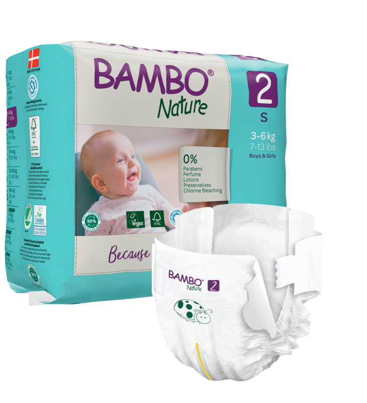 Tã dán trẻ em số 2 - Bambo Nature size 2-S, từ 3-6kg, 30 miếng/gói, bao bì màu xanh - Phân phối chính hãng