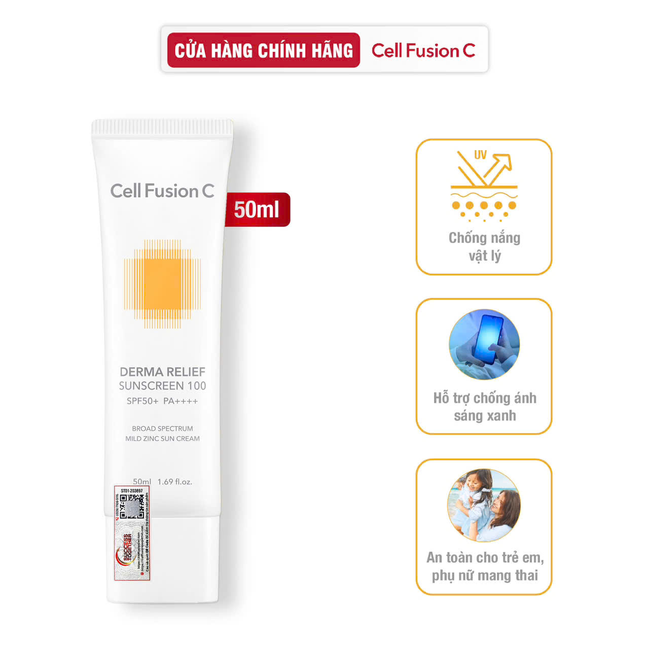 Kem chống nắng an toàn cho mọi loại da Cell Fusion C Derma Relief Sunscreen 100 SPF50+/PA++++ 50ml