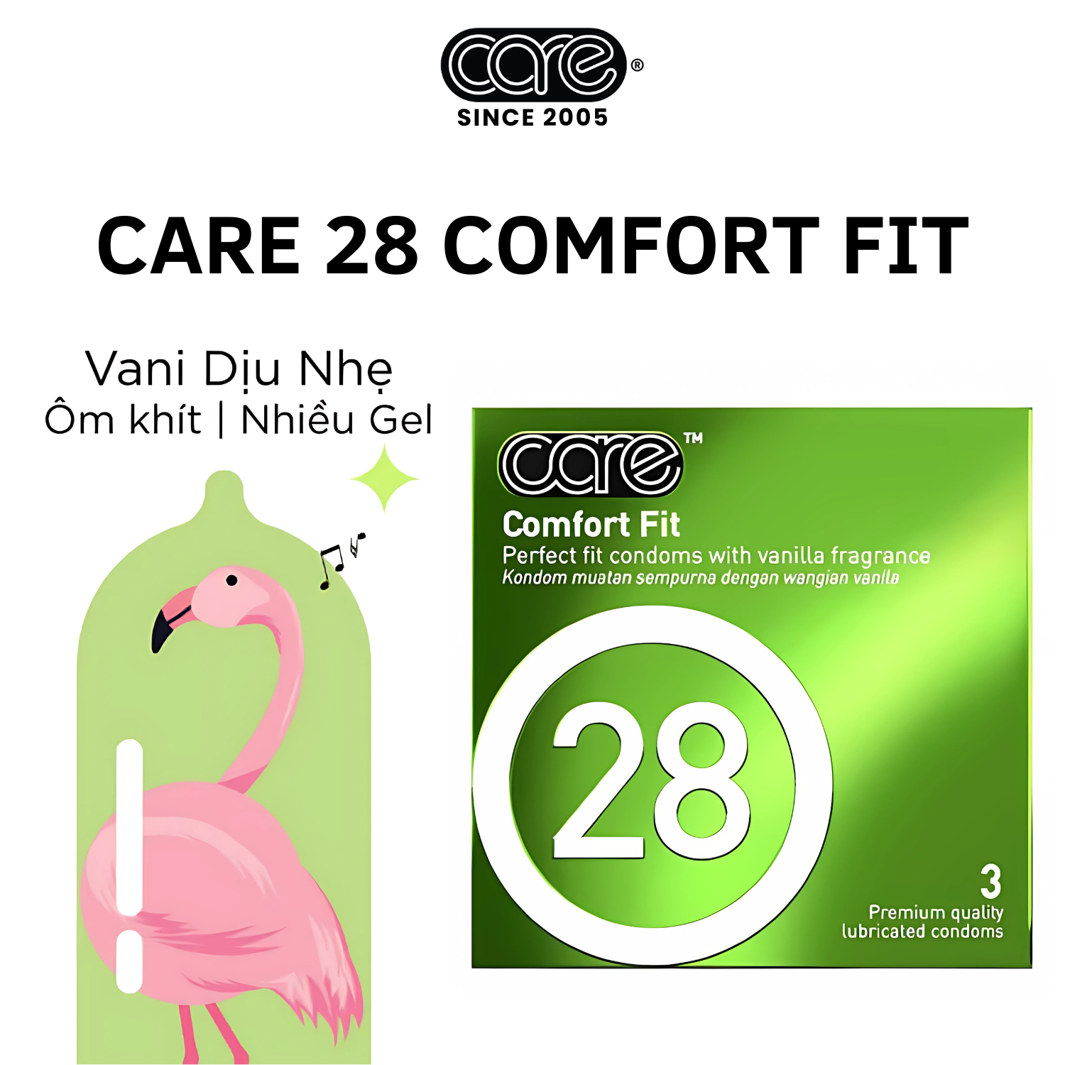 Bao cao su CARE 28 trơn mỏng truyền thống - hương vani (hộp 3 bcs)