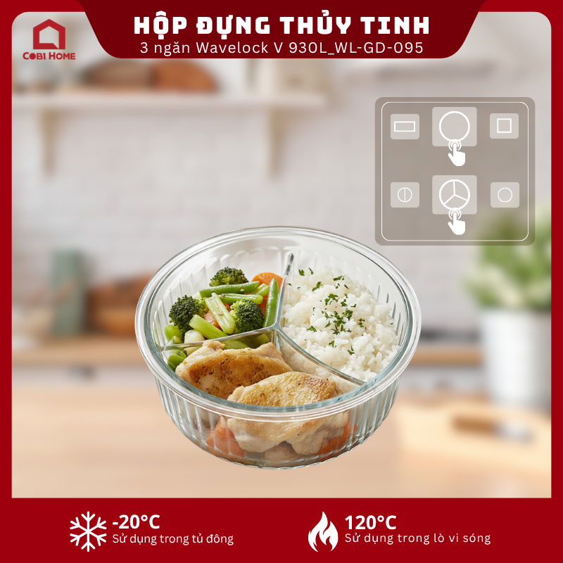 Hộp đựng thực phẩm thủy tinh 3 ngăn Neoflam Wavelock V 930L_364372 - Phân phối chính hãng