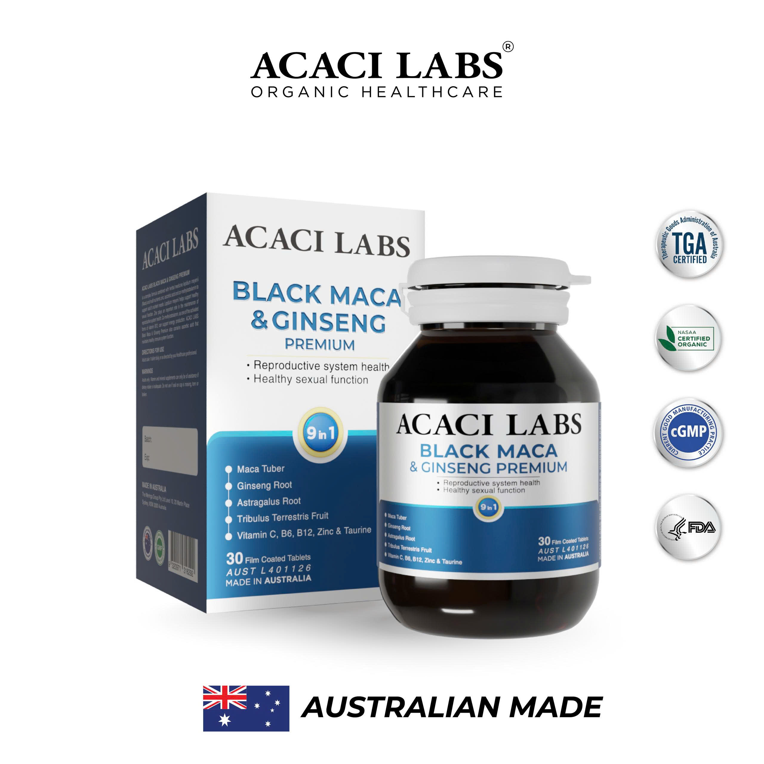 Viên uống bổ thận tăng cường sinh lý nam Acaci Labs Black Maca & Ginseng Premium Australia 30v - Phân phối chính hãng
