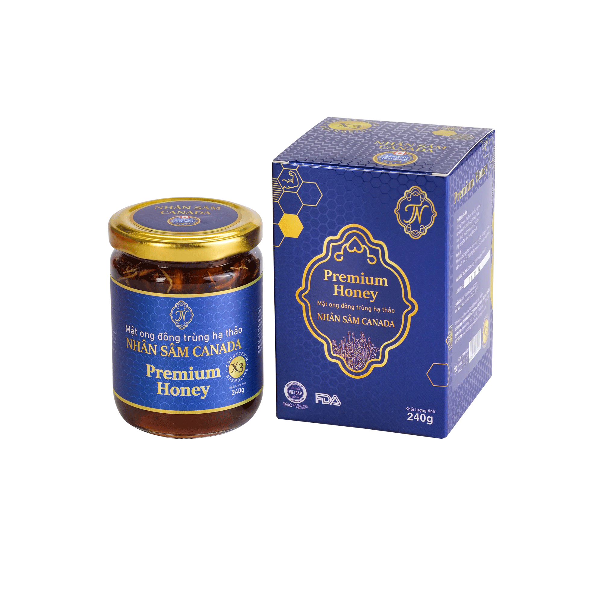 Mật ong đông trùng hạ thảo nhân sâm Canada (Hũ 240g)