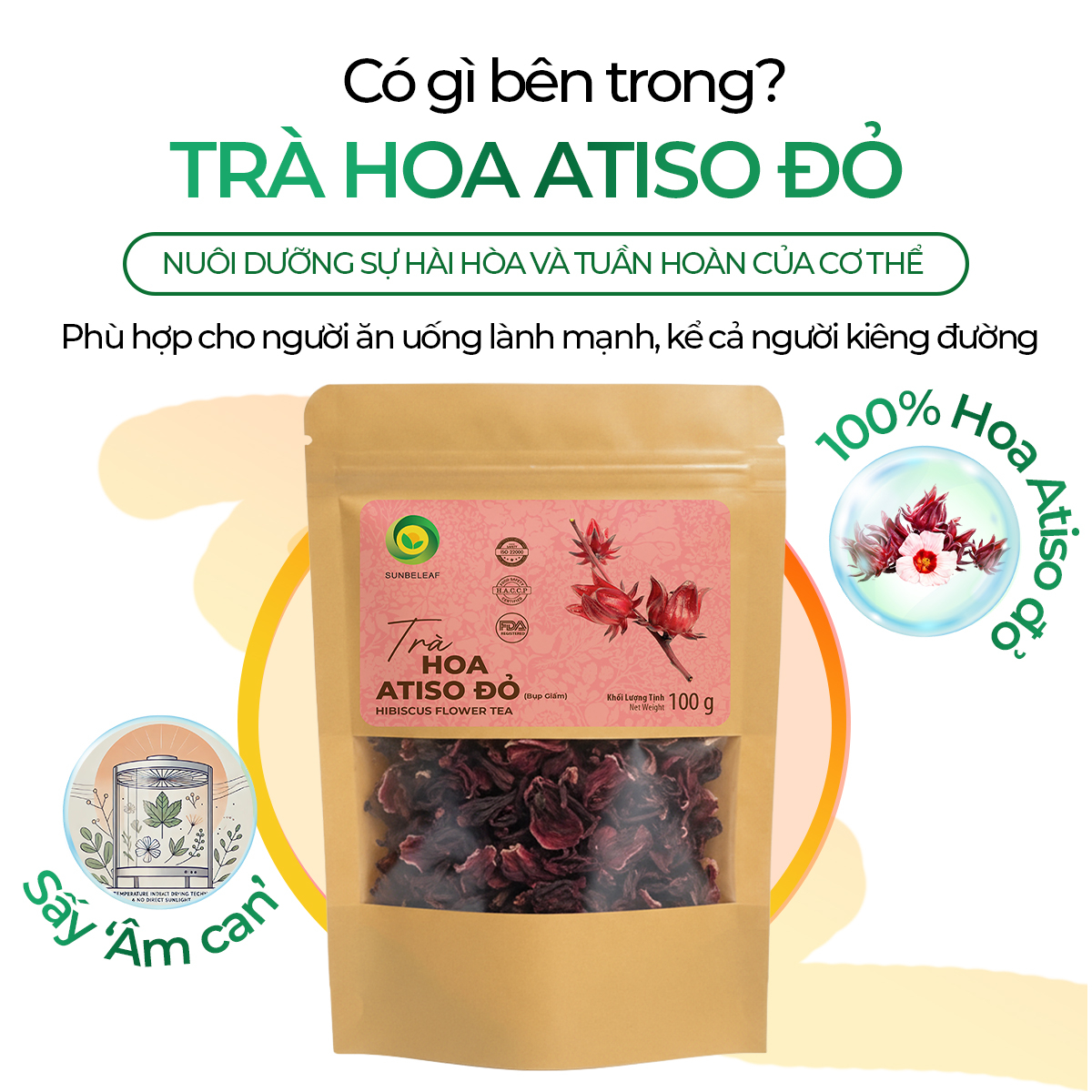 Trà Hoa Atiso Đỏ Sunbeleaf (Bụp Giấm) - Thức Uống Thanh Mát Dễ Chịu - Túi Zip 100g