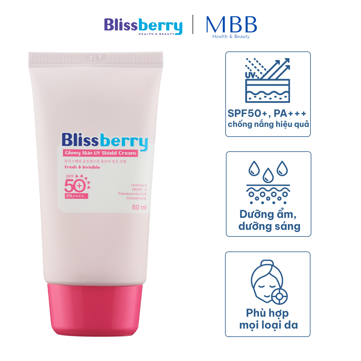 Kem chống nắng mỏng nhẹ sáng da SPF50+, PA+++ Blissberry 60ml