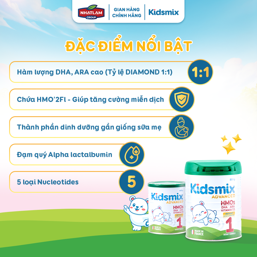 Sữa Bột Công Thức Kidsmix Advanced Số 1 800gr Dành Cho Bé Từ 0-12 Tháng Tuổi