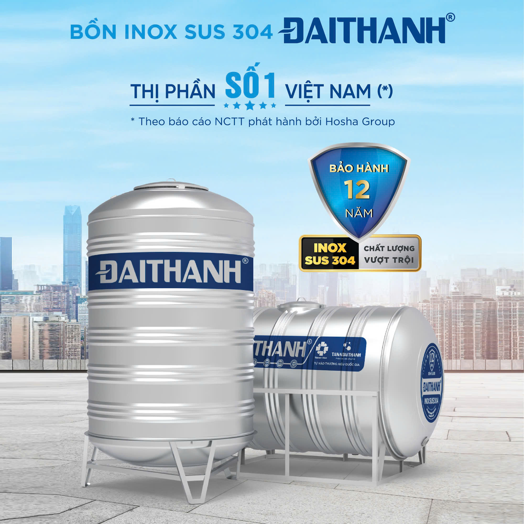 Bồn Inox 304 Đại Thành 1000L- bồn ngang ĐK940  (Phân phối từ Kon Tum trở vào khu vực phía Nam)